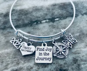 Happy Retirement Find Joy in the Journey Expandable Silver Charm Bracelet