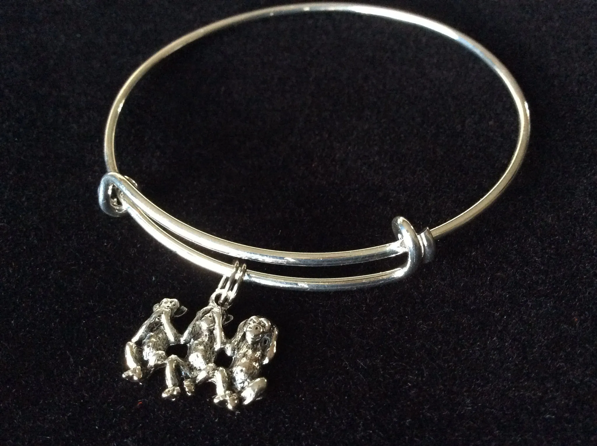 Hear no Evil, See no Evil, Speak no Evil Monkey's Charm on a Silver Expandable Adjustable Wire Bangle Bracelet Fun Trendy Gift