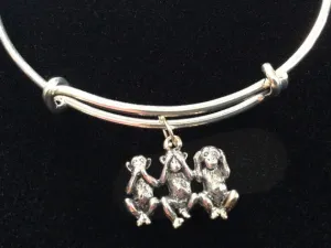 Hear no Evil, See no Evil, Speak no Evil Monkey's Charm on a Silver Expandable Adjustable Wire Bangle Bracelet Fun Trendy Gift