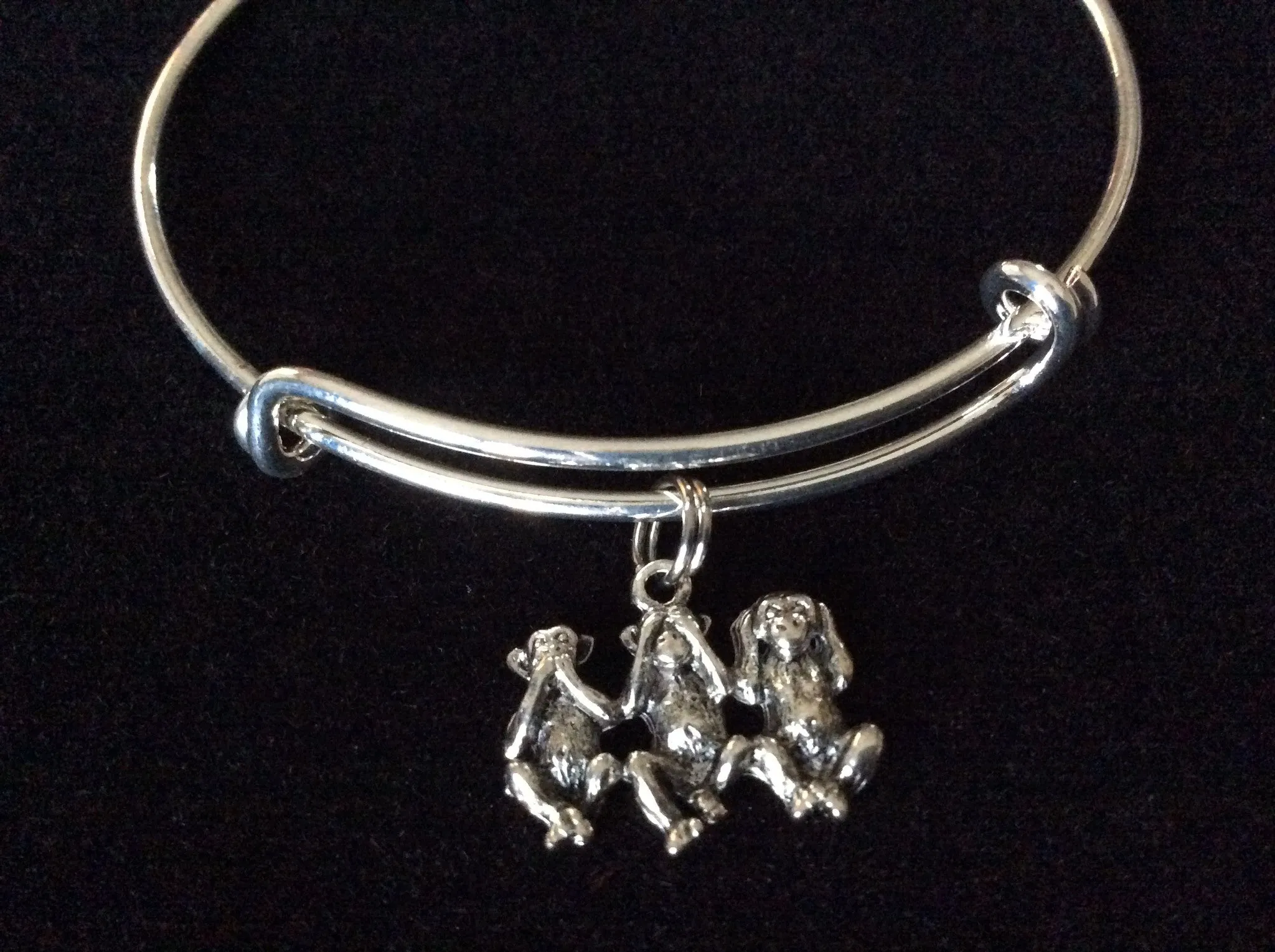 Hear no Evil, See no Evil, Speak no Evil Monkey's Charm on a Silver Expandable Adjustable Wire Bangle Bracelet Fun Trendy Gift