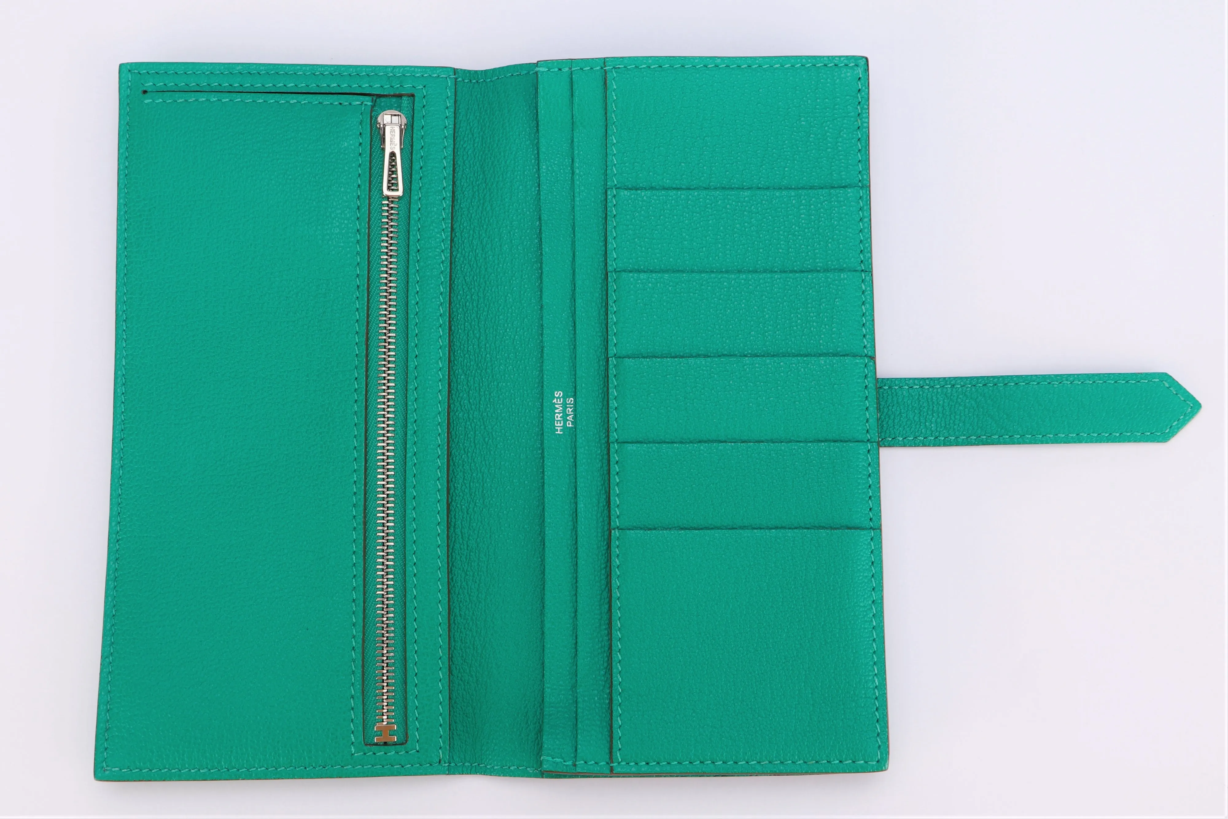 Hermes Bearn Wallet (Stamp P) Menthe Color Chevre Leather, Silver Hardware, with Box, no Dust Cover