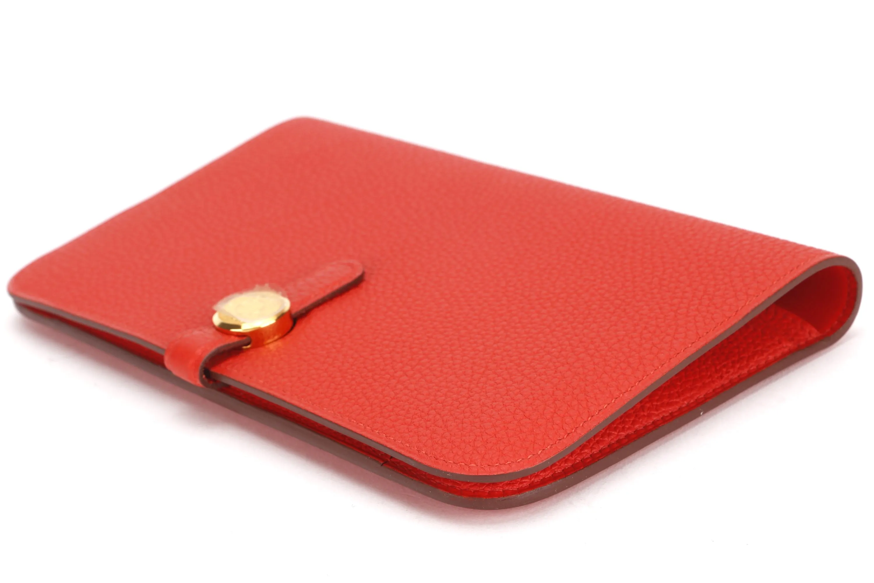 HERMES DOGON DUO WALLET (STAMP Q) GERANIUM COLOR TOGO LEATHER GOLD HARDWARE, NO DUST COVER & BOX