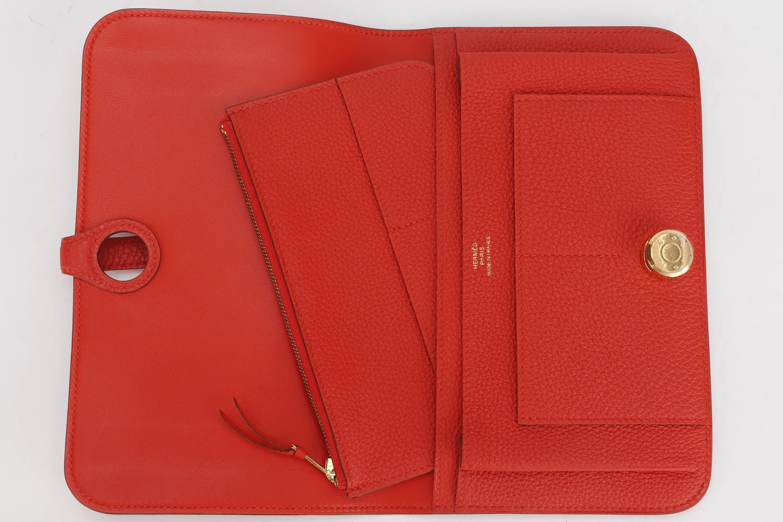 HERMES DOGON DUO WALLET (STAMP Q) GERANIUM COLOR TOGO LEATHER GOLD HARDWARE, NO DUST COVER & BOX