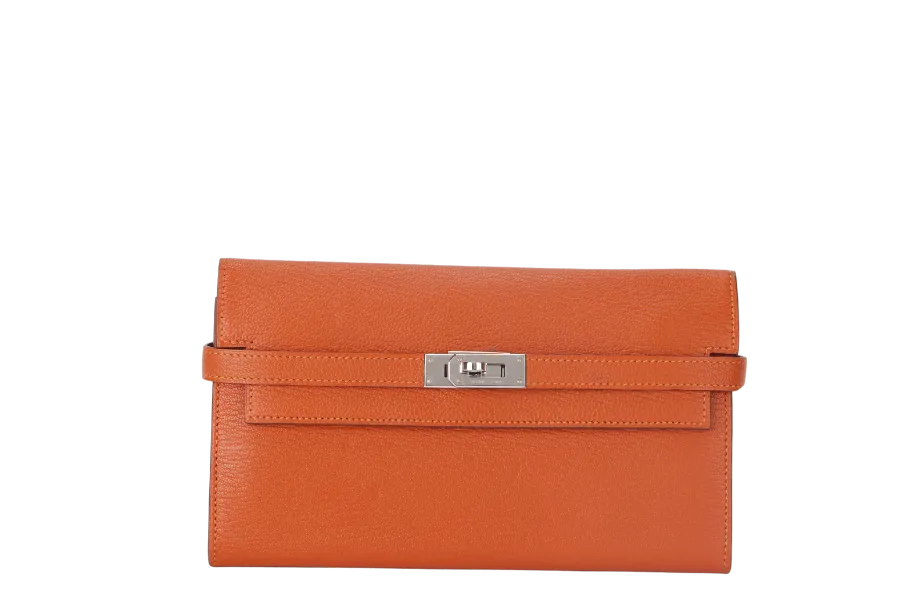 HERMES KELLY WALLET FEU CHEVRE LEATHER PALLADIUM HARDWARE STAMP T (2015) WITH DUST COVER