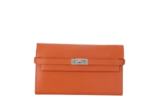HERMES KELLY WALLET FEU CHEVRE LEATHER PALLADIUM HARDWARE STAMP T (2015) WITH DUST COVER
