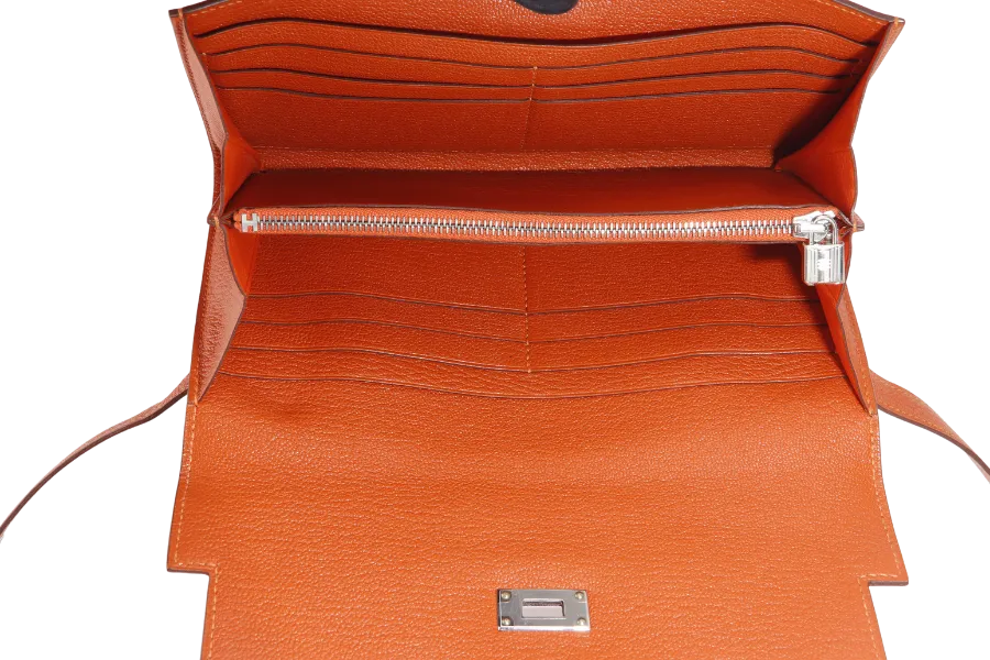HERMES KELLY WALLET FEU CHEVRE LEATHER PALLADIUM HARDWARE STAMP T (2015) WITH DUST COVER