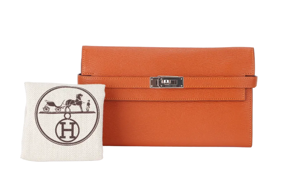 HERMES KELLY WALLET FEU CHEVRE LEATHER PALLADIUM HARDWARE STAMP T (2015) WITH DUST COVER