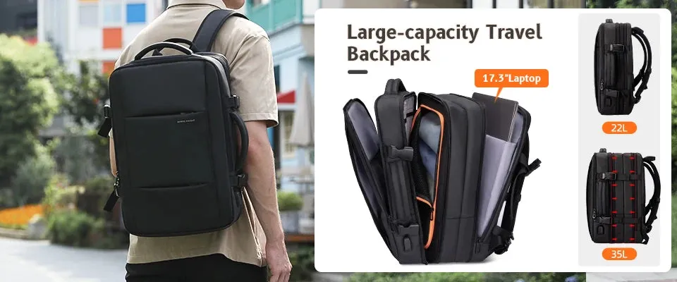 HK Expandable Travel Backpack for Men – Large Capacity Waterproof 15.6” Laptop Bag, Hiking Rucksack with USB Port
