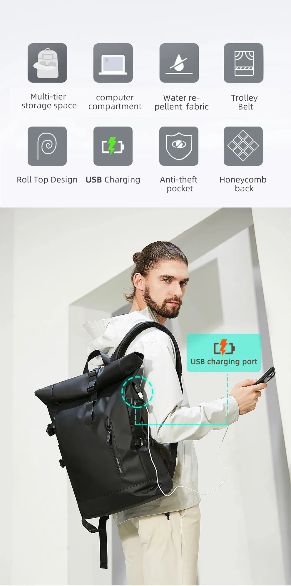 HK Expandable Travel Backpack for Men – Large Capacity Waterproof 15.6” Laptop Bag, Hiking Rucksack with USB Port
