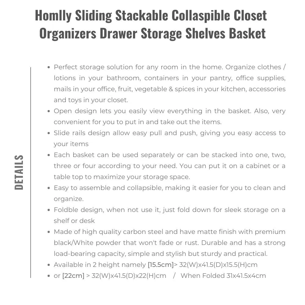 Homlly Sliding Stackable Collaspible Closet Organizers Drawer Storage Shelves Basket