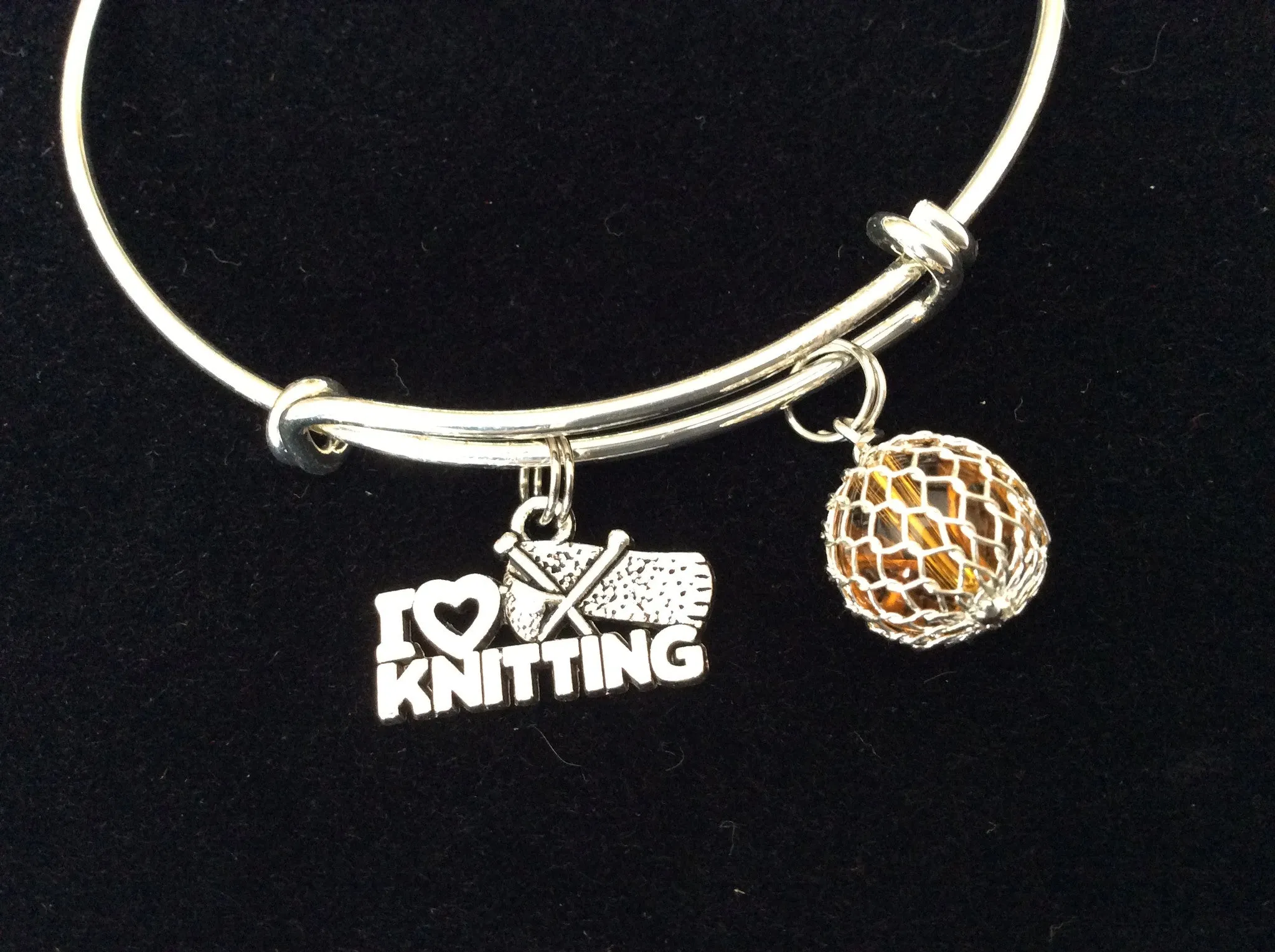 I Love Knitting Silver Charm Bracelet Expandable Adjustable Wire Bangle Trendy Knitted Ball of Yarn Amber Stacking Gift