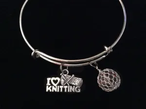 I Love Knitting Silver Charm Bracelet Expandable Adjustable Wire Bangle Trendy Knitted Ball of Yarn Amber Stacking Gift