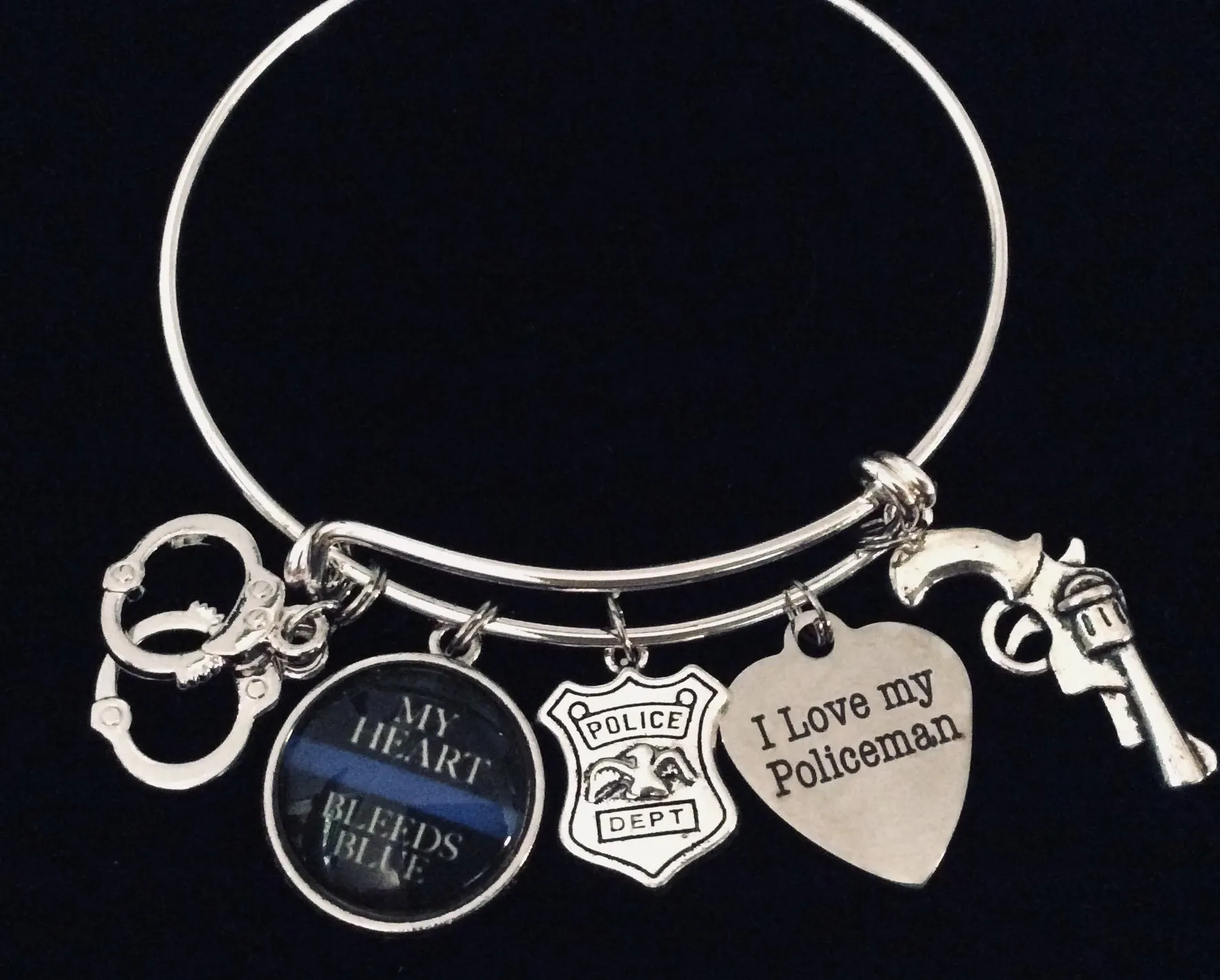 I Love My Policeman Expandable Silver Charm Bracelet Adjustable Wire Bangle One Size Fits All Gift