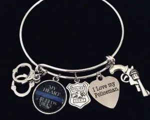 I Love My Policeman Expandable Silver Charm Bracelet Adjustable Wire Bangle One Size Fits All Gift