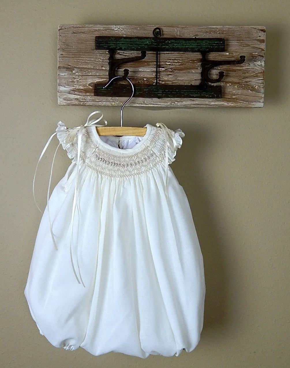 Ivory Baby Girl Bubble Romper, Toddler Girl Romper, Baby Girls Smocked Bubble Romper,  Hand Made Bubble Romper