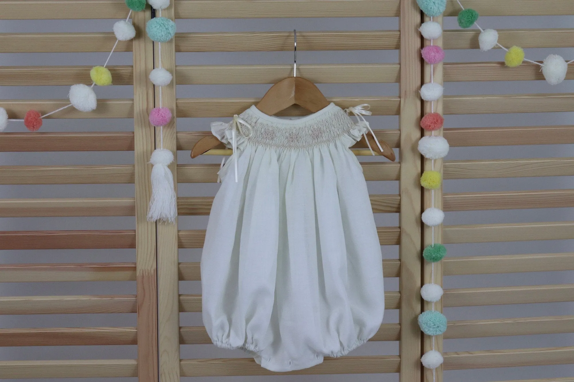 Ivory Baby Girl Bubble Romper, Toddler Girl Romper, Baby Girls Smocked Bubble Romper,  Hand Made Bubble Romper