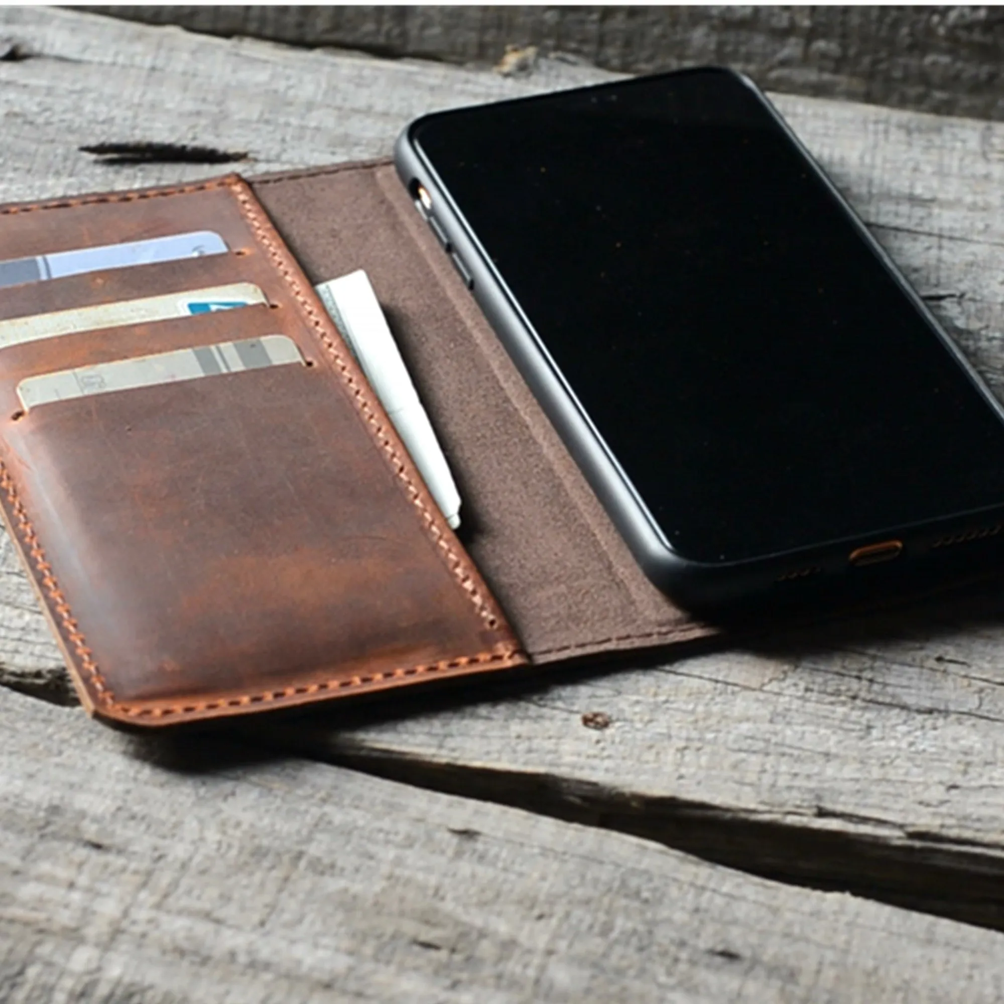 JJNUSA RFID Genuine Leather Distressed Wallet for Iphone 11 Magnetic Detachable Case Brown