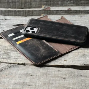JJNUSA RFID Genuine Leather Distressed Wallet for Iphone 11 Magnetic Detachable Case Dark Brown