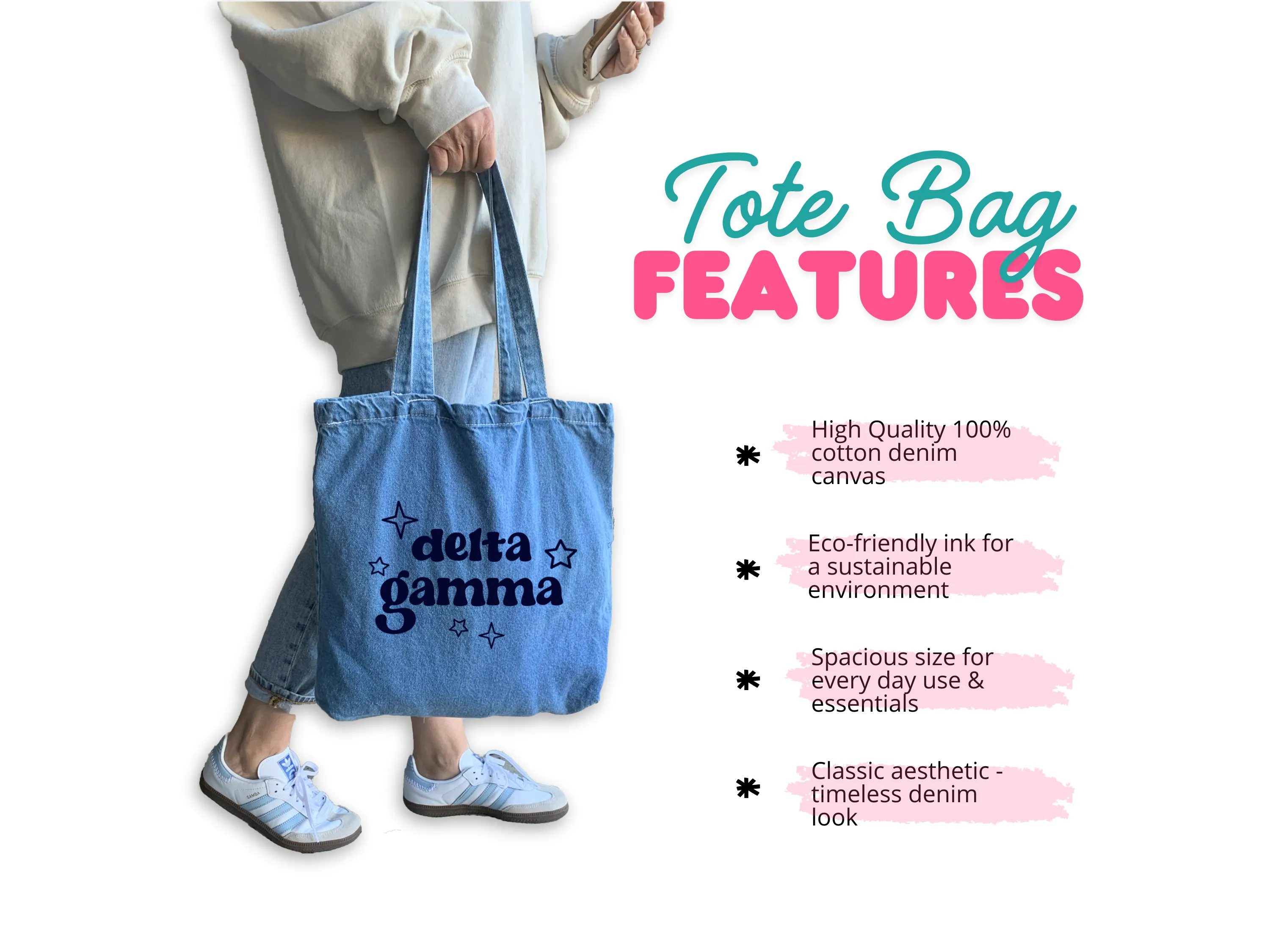 Kappa Alpha Theta Denim Tote Bag - Sorority Gift, Big Little Reveal, Bid Day, Greek Life Accessory