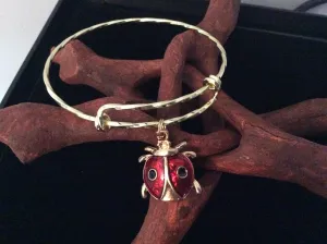 Ladybug Twisted Gold Expandable Charm Bracelet Red Enamel Lady Bug Adjustable Wire Bangle Meaningful Gift