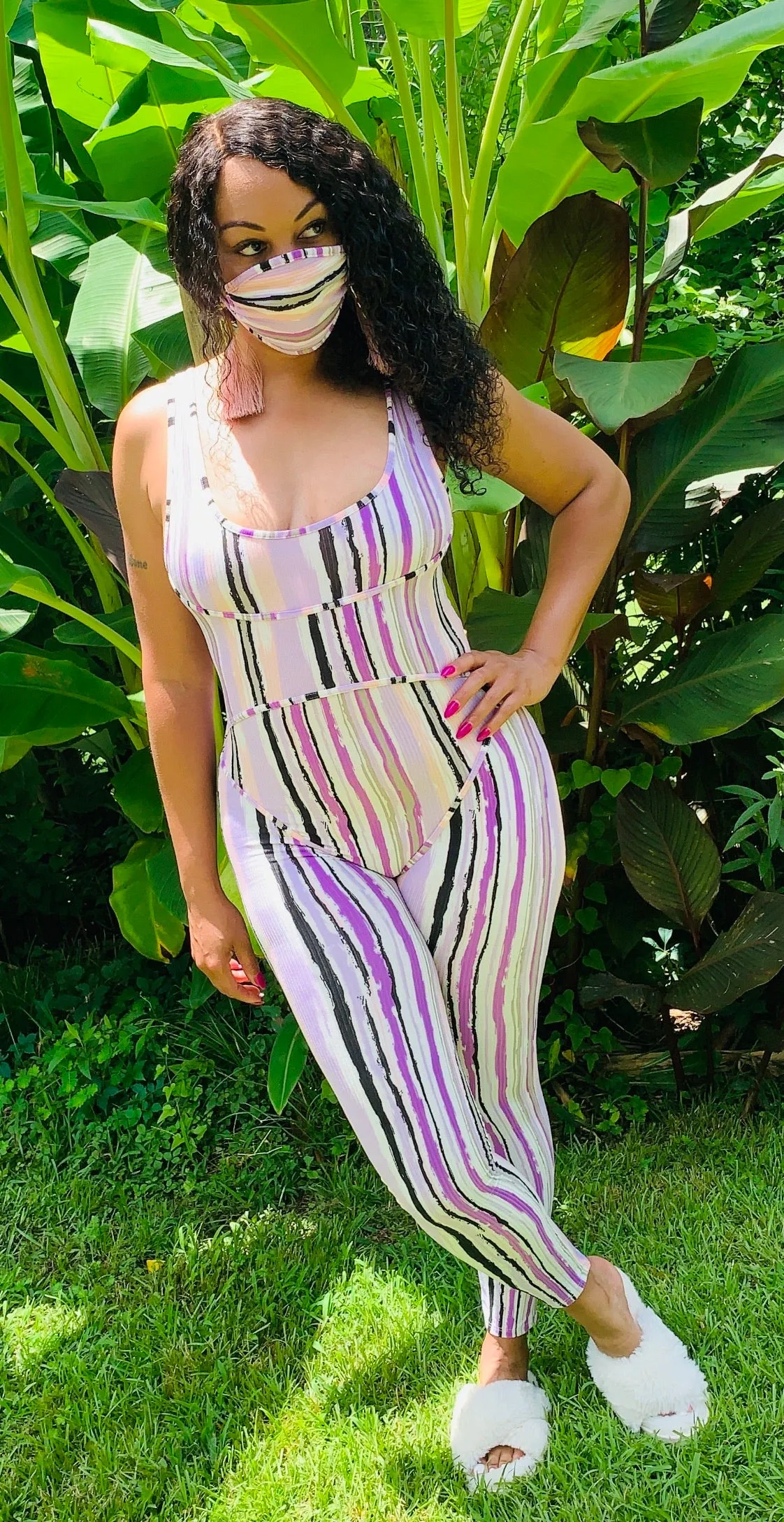 Lavender Stripe Corset Style  Jumpsuit with Mask‼️