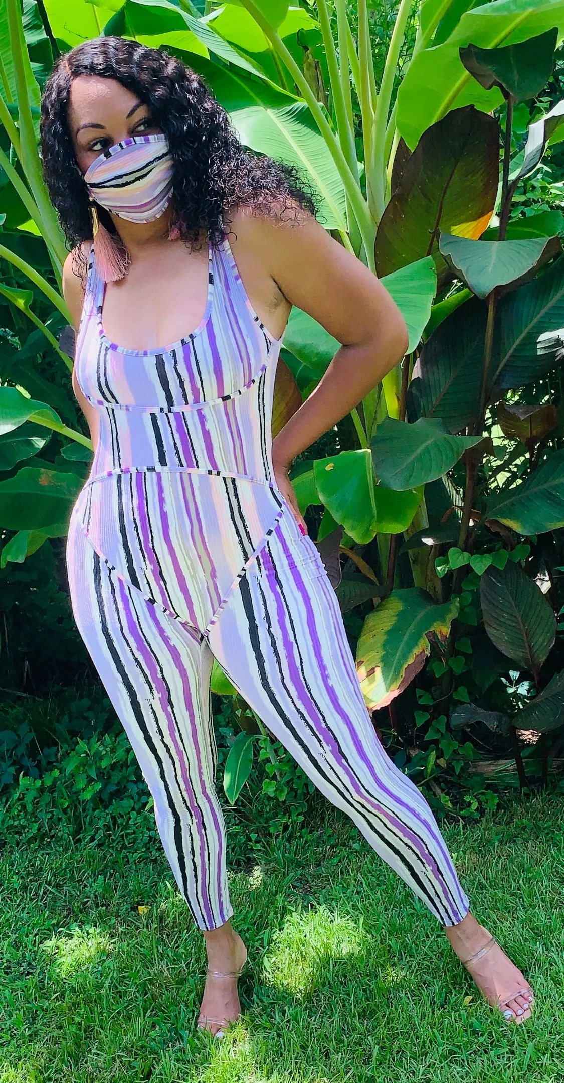 Lavender Stripe Corset Style  Jumpsuit with Mask‼️
