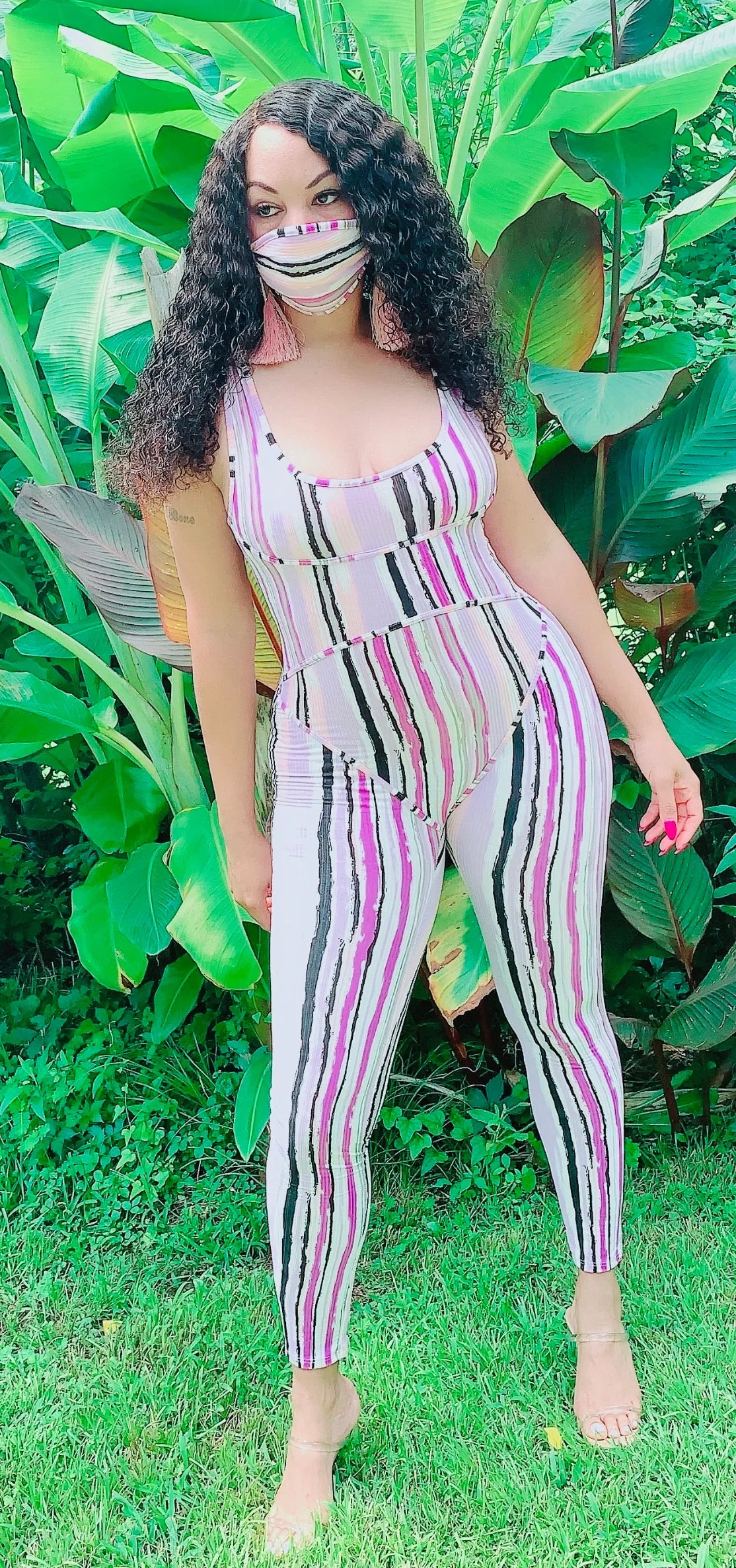 Lavender Stripe Corset Style  Jumpsuit with Mask‼️