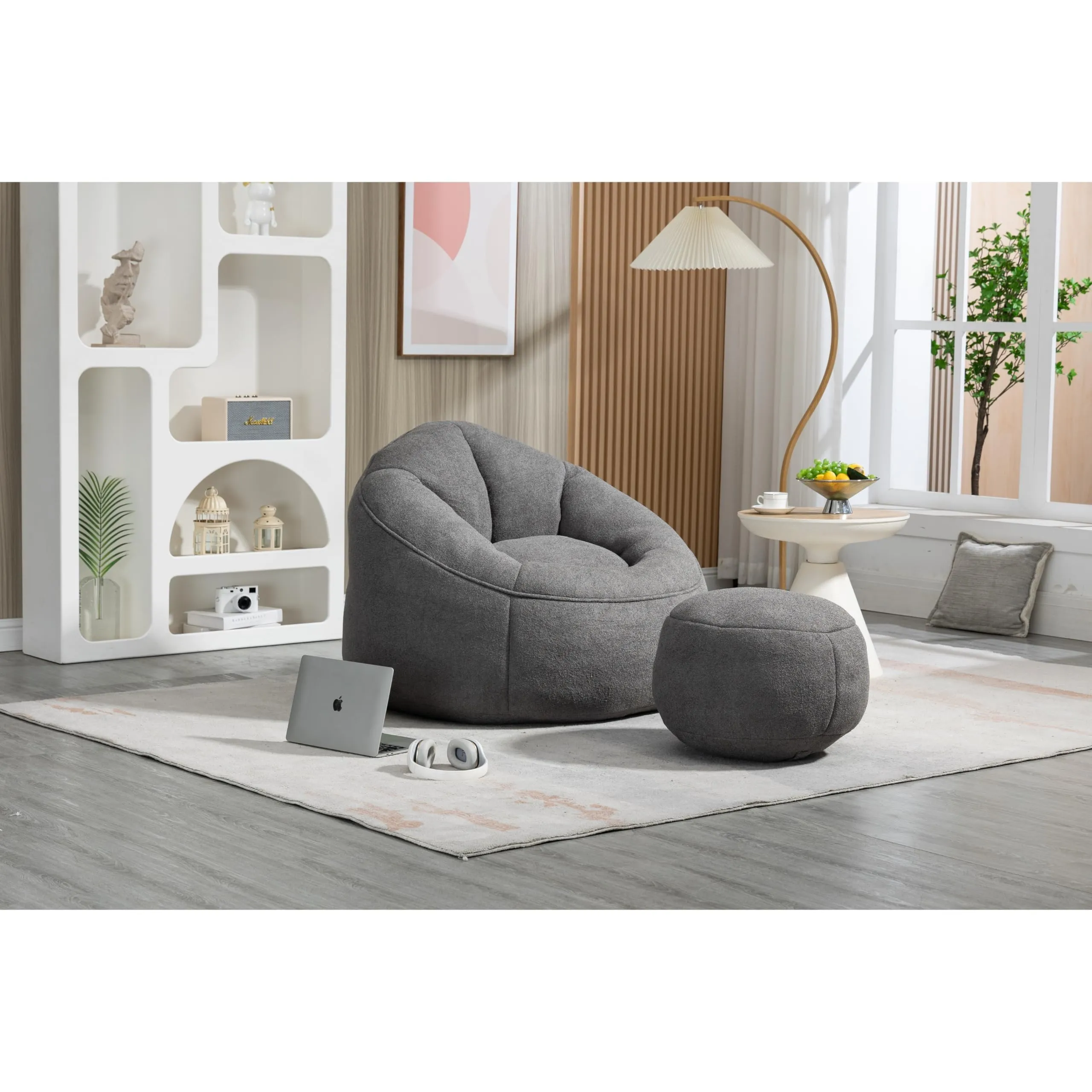 Lazy Bean Bag Sofa Chair for Adults with Foam Filled Footrest Grey
