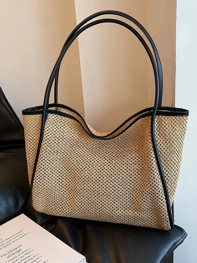 Leather Strap Woven Straw Tote Bag