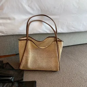 Leather Strap Woven Straw Tote Bag