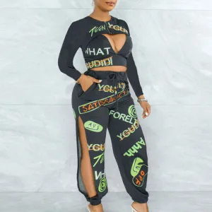 Letter Print Cut Out Slit Three Piece Set