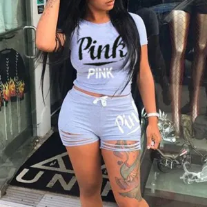 Letter Print Cut Out Two Piece Shorts Set