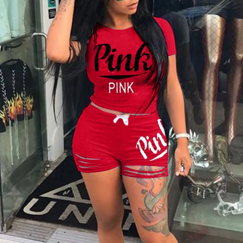 Letter Print Cut Out Two Piece Shorts Set