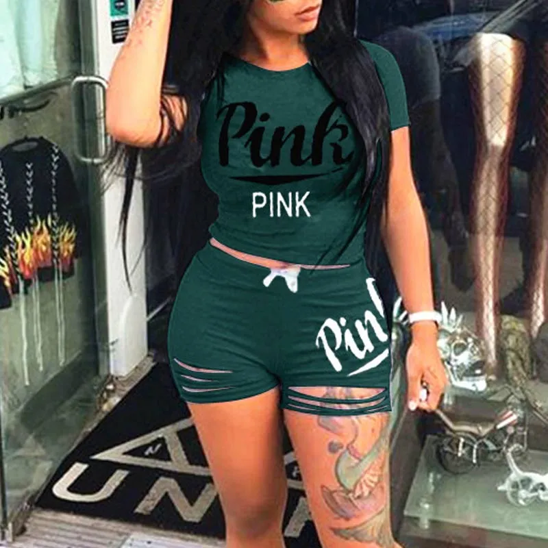 Letter Print Cut Out Two Piece Shorts Set