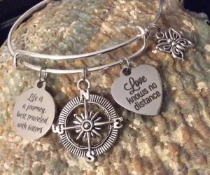 Life is a Journey Best Traveled with Sisters Jewelry Expandable Charm Bracelet Love Knows No Distance Silver Bangle One Size Fits All Gift Butterfly Compass