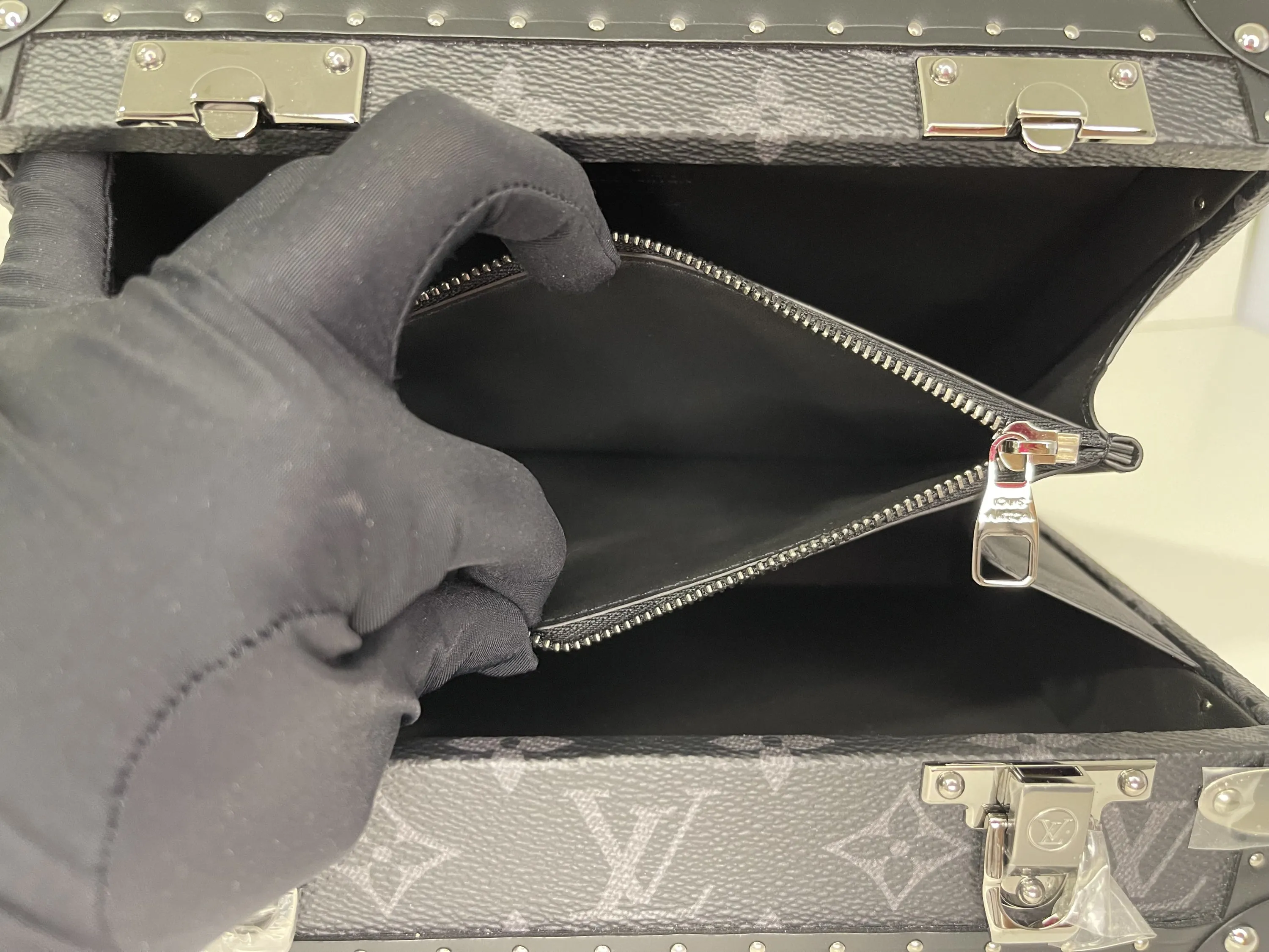 LOUIS VUITTON M20251 CLUTCH BOX, MONOGRAM ECLIPE RUTHENIUM HARDWARE, WITH STRAP, DUST COVER & BOX