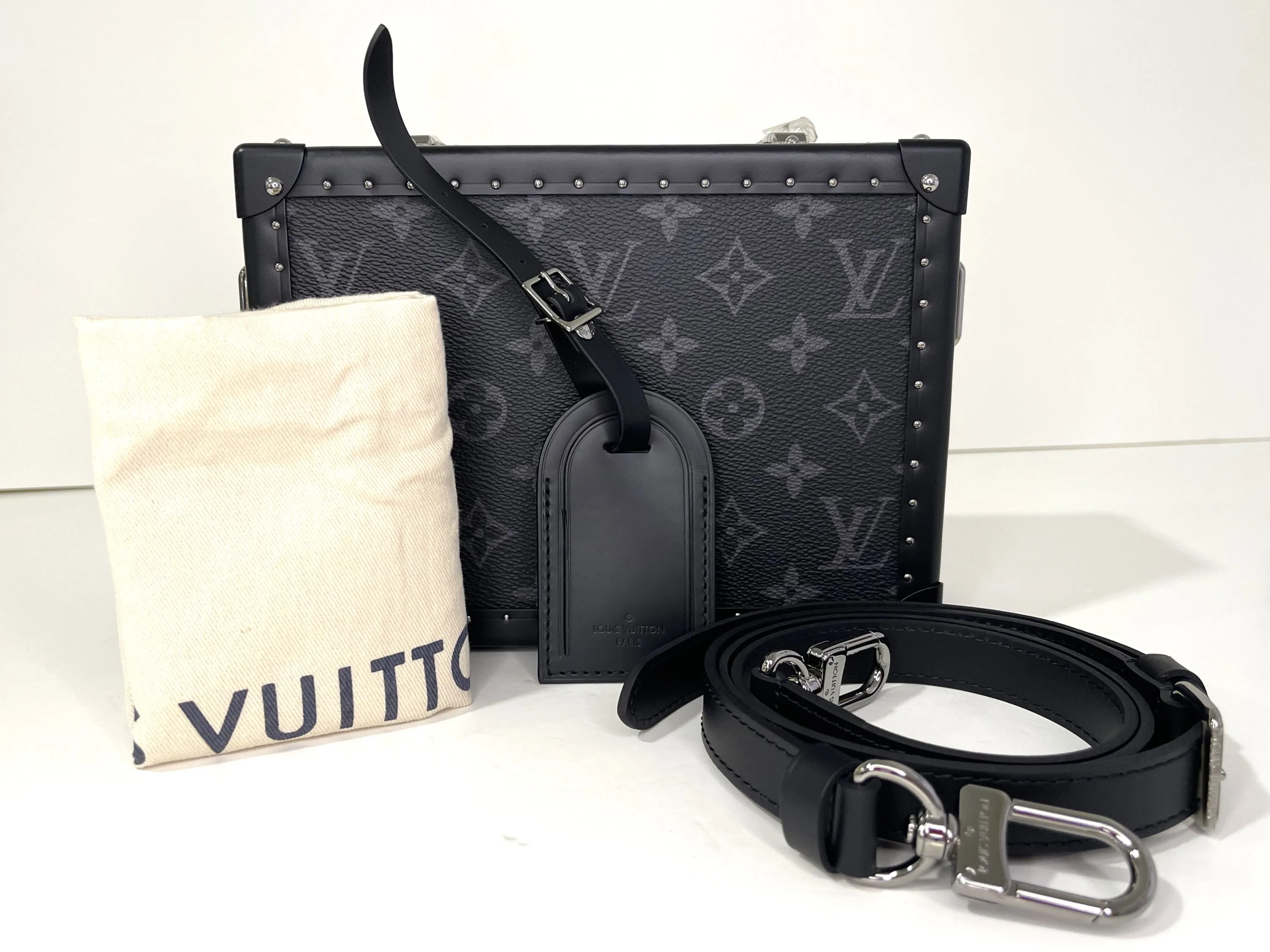 LOUIS VUITTON M20251 CLUTCH BOX, MONOGRAM ECLIPE RUTHENIUM HARDWARE, WITH STRAP, DUST COVER & BOX