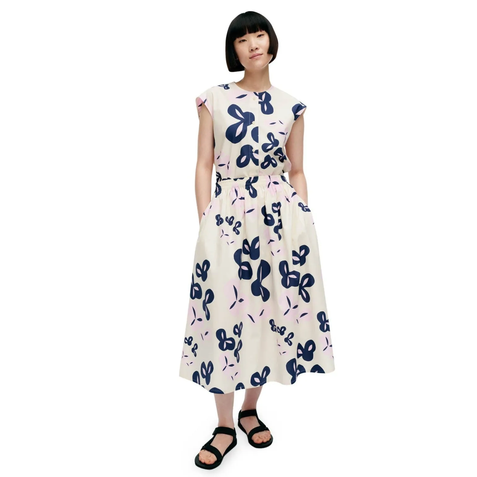 Marimekko Garrel Poiminto Cotton Skirt, Off White, Light Pink & Dark Navy