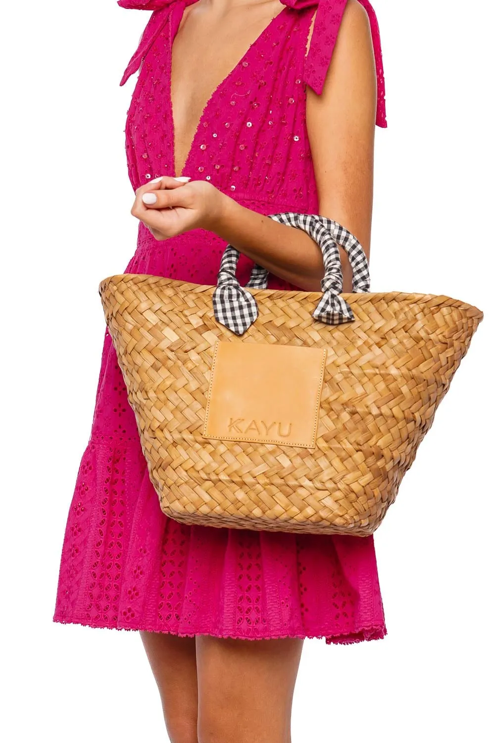 Marlow Black Gingham Scarf Straw Tote