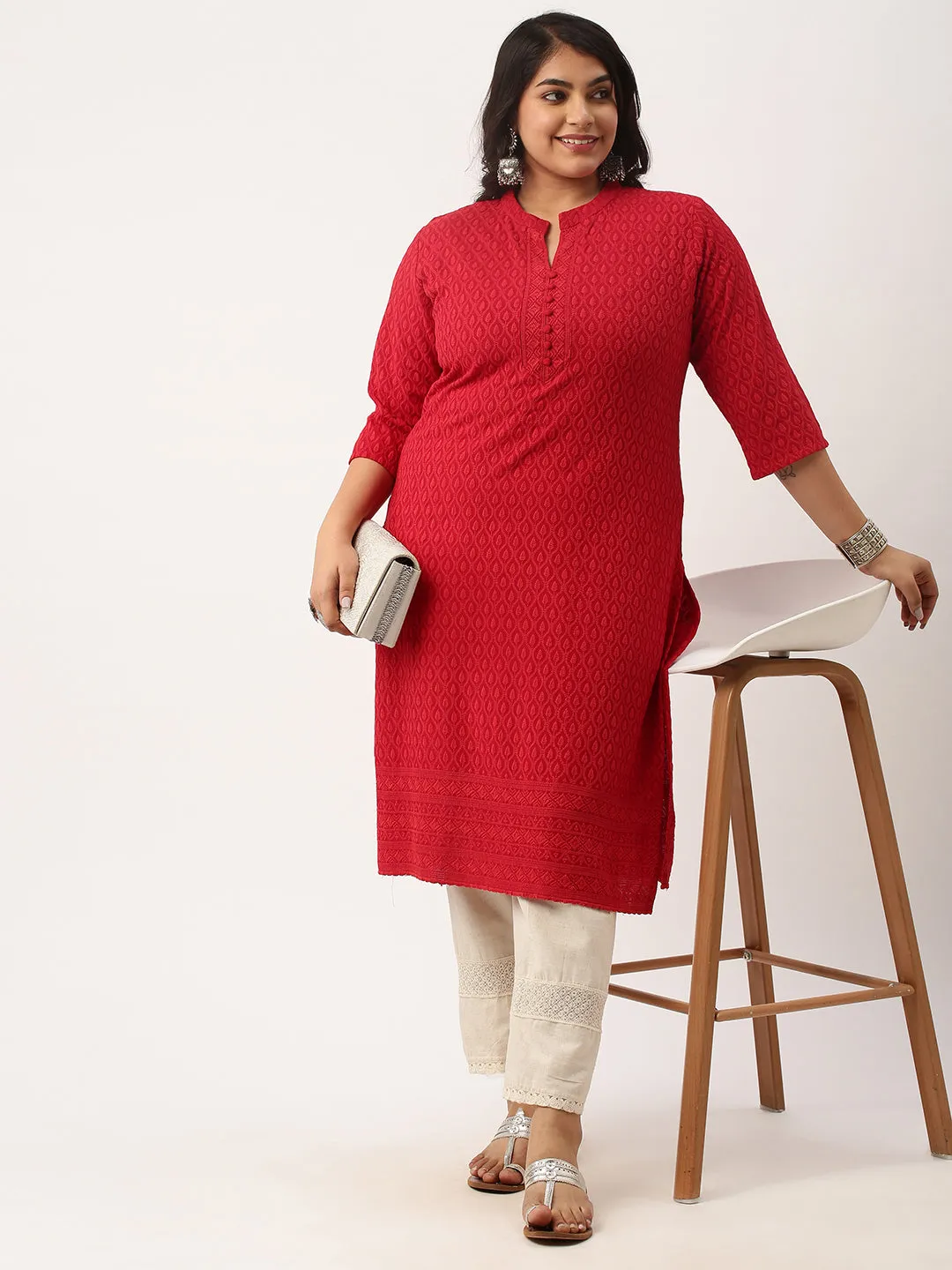 Maroon Rayon Band Collar 3/4th Sleeves Chikankari Embroidery Ethnic Wear Kurta For Women - ZOLA