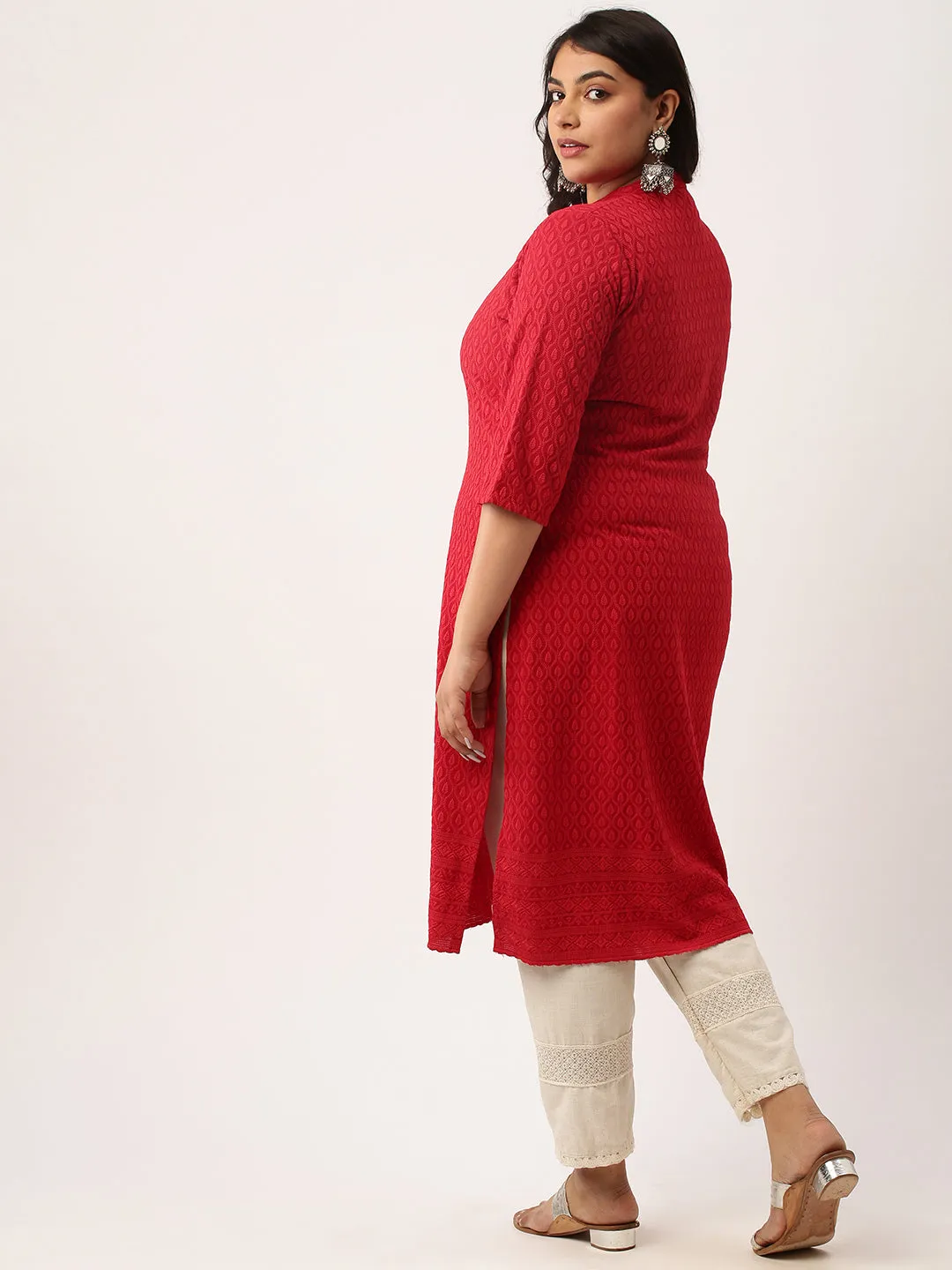 Maroon Rayon Band Collar 3/4th Sleeves Chikankari Embroidery Ethnic Wear Kurta For Women - ZOLA