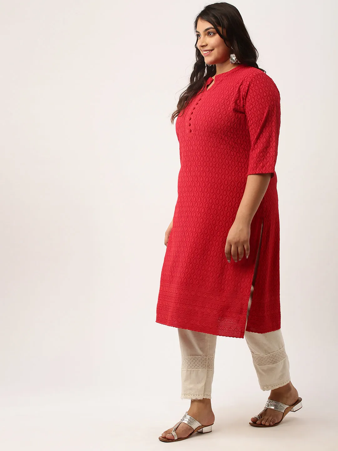 Maroon Rayon Band Collar 3/4th Sleeves Chikankari Embroidery Ethnic Wear Kurta For Women - ZOLA