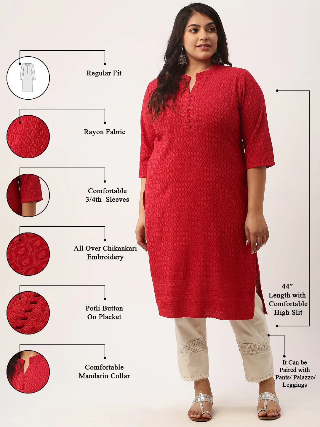 Maroon Rayon Band Collar 3/4th Sleeves Chikankari Embroidery Ethnic Wear Kurta For Women - ZOLA