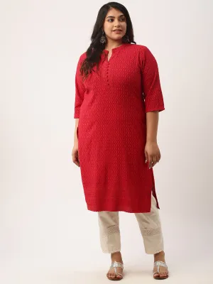 Maroon Rayon Band Collar 3/4th Sleeves Chikankari Embroidery Ethnic Wear Kurta For Women - ZOLA