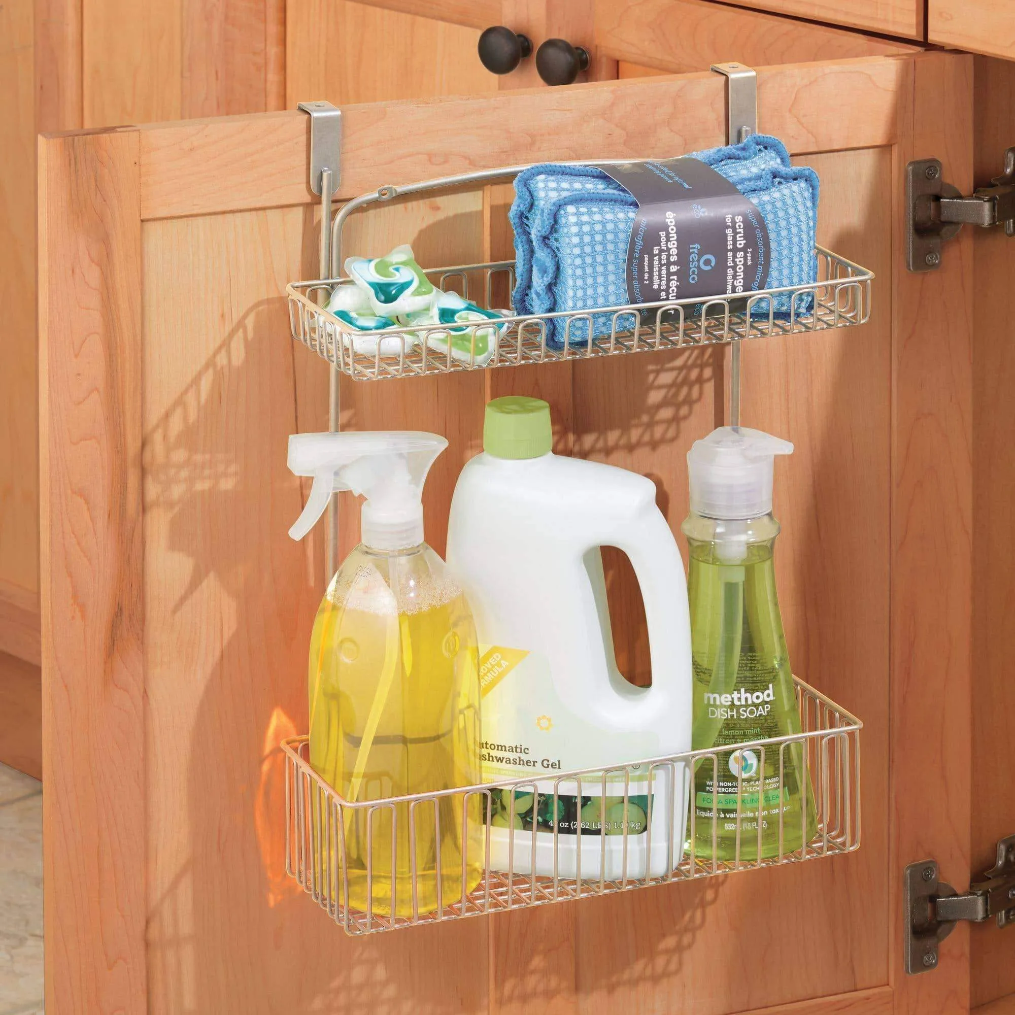 mDesign Metal Farmhouse Over Cabinet Kitchen Storage Organizer Holder or Basket - Hang Over Cabinet Doors in Kitchen/Pantry - Holds Dish Soap, Window Cleaner, Sponges - Satin
