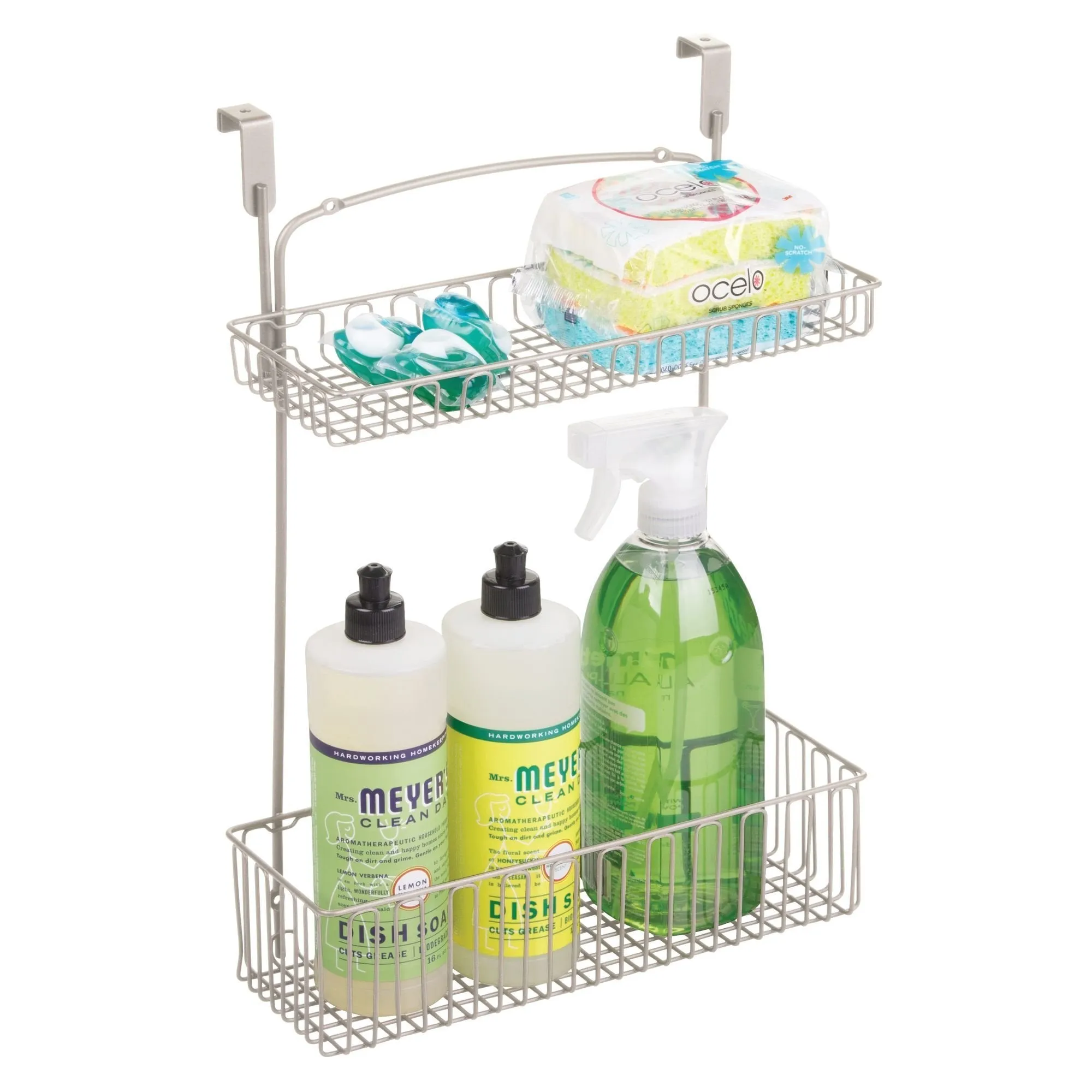 mDesign Metal Farmhouse Over Cabinet Kitchen Storage Organizer Holder or Basket - Hang Over Cabinet Doors in Kitchen/Pantry - Holds Dish Soap, Window Cleaner, Sponges - Satin