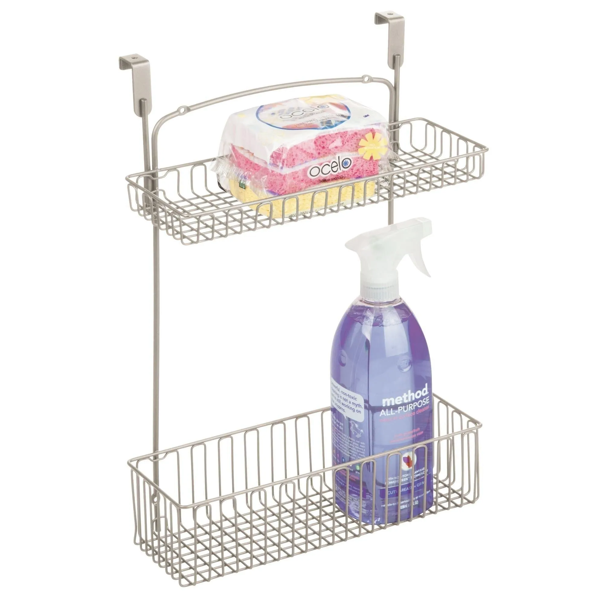 mDesign Metal Farmhouse Over Cabinet Kitchen Storage Organizer Holder or Basket - Hang Over Cabinet Doors in Kitchen/Pantry - Holds Dish Soap, Window Cleaner, Sponges - Satin
