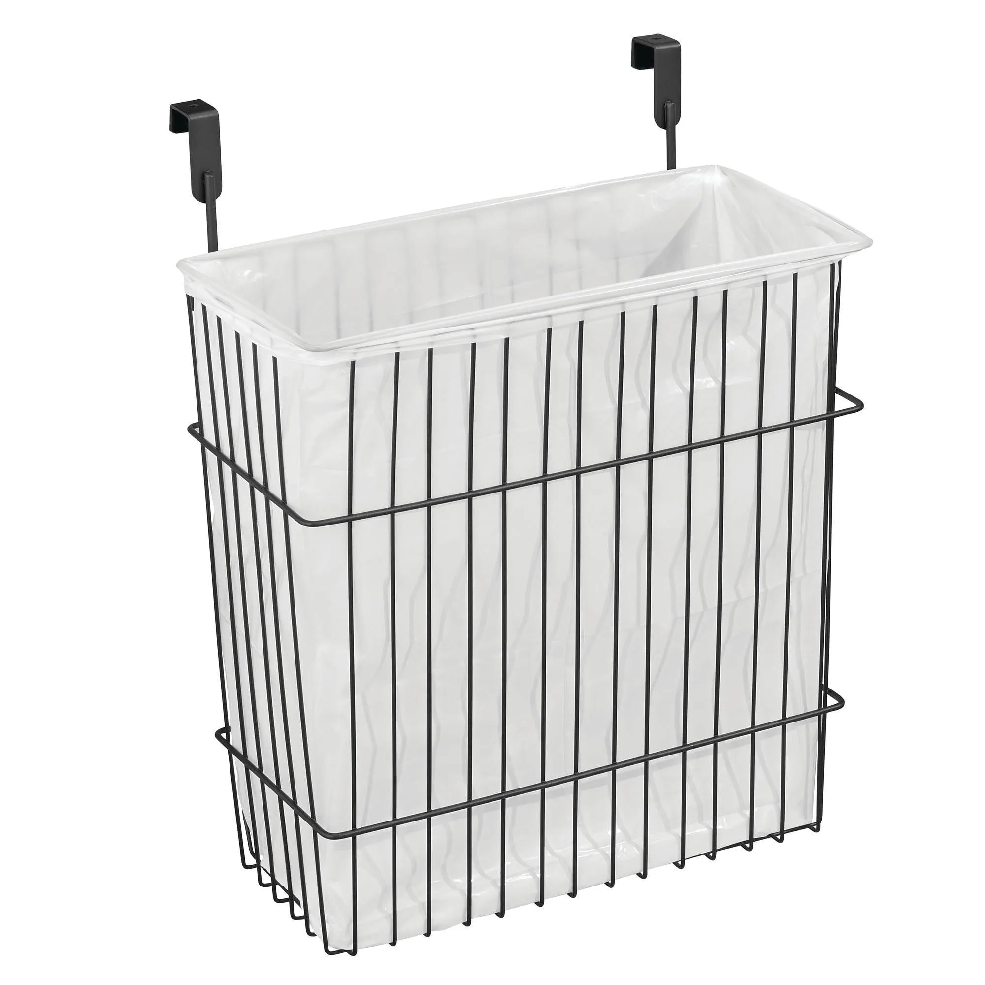 mDesign Metal Wire Hanging Over Door Kitchen Storage Organizer Basket/Trash Can - Hangs Over Cabinet Doors - For Bags, Tin Foil, Wax Paper, Saran Wrap - Solid Steel - 2 Pack - Matte Black