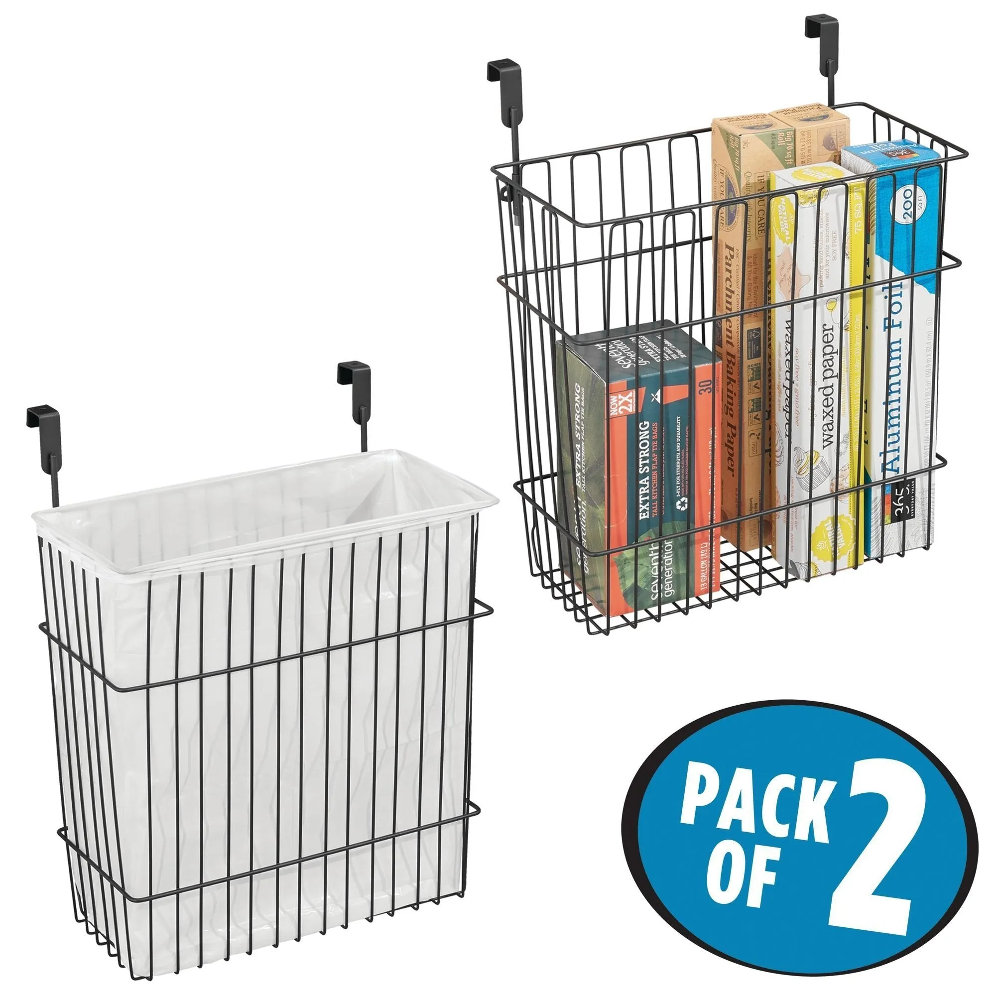 mDesign Metal Wire Hanging Over Door Kitchen Storage Organizer Basket/Trash Can - Hangs Over Cabinet Doors - For Bags, Tin Foil, Wax Paper, Saran Wrap - Solid Steel - 2 Pack - Matte Black