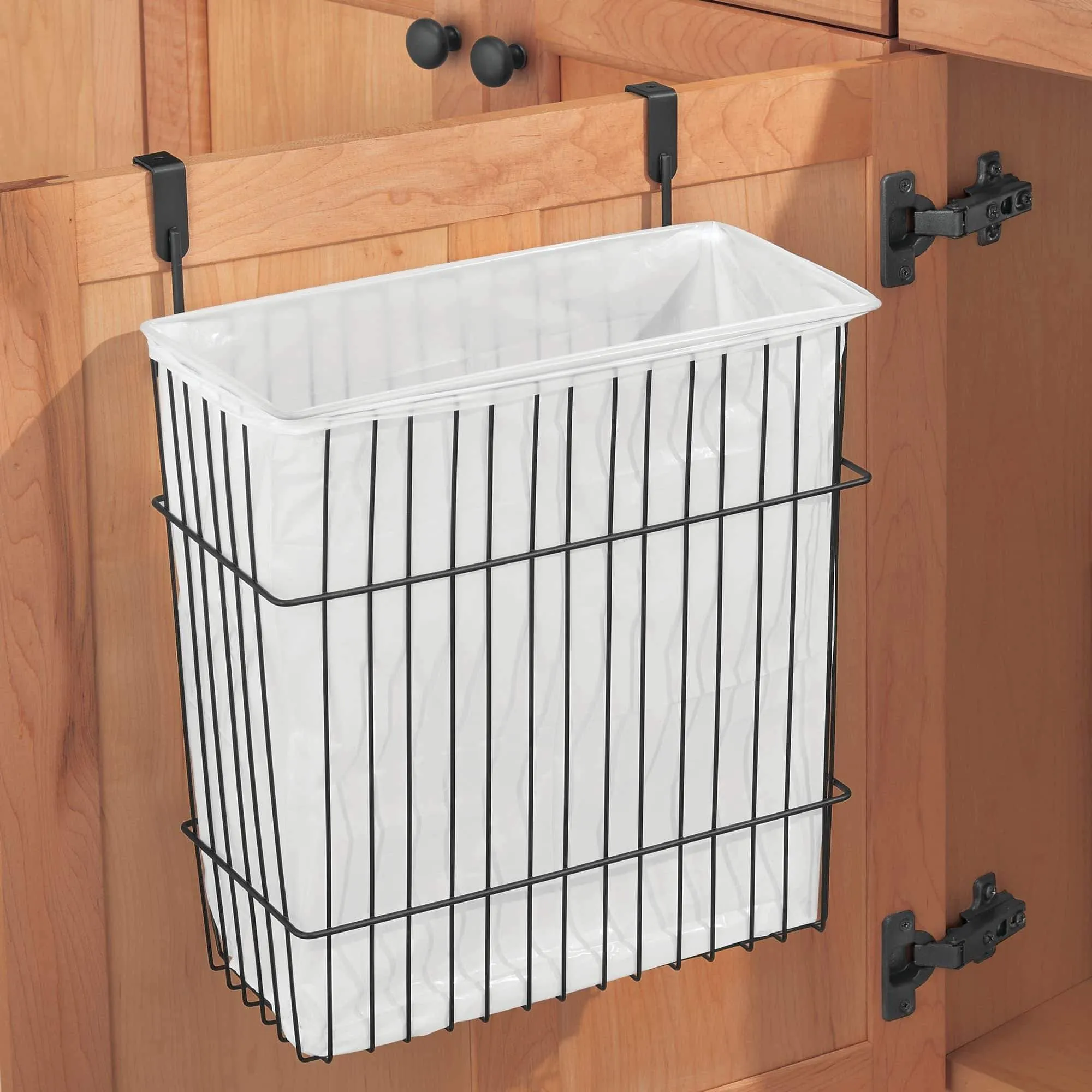 mDesign Metal Wire Hanging Over Door Kitchen Storage Organizer Basket/Trash Can - Hangs Over Cabinet Doors - For Bags, Tin Foil, Wax Paper, Saran Wrap - Solid Steel - 2 Pack - Matte Black
